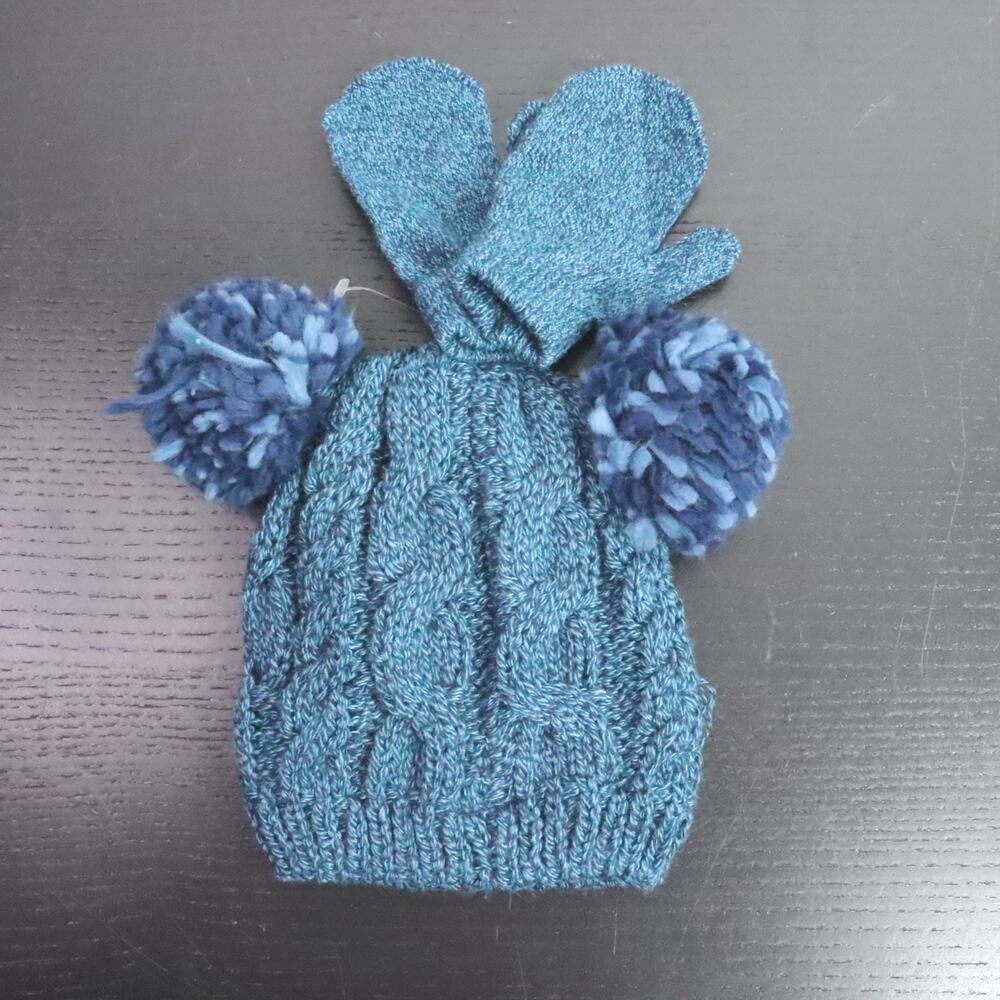 Laura Ashley Baby 12–24M Blue Knit Pom Pom Hat Mittens Set New Defects - Picture 5 of 6